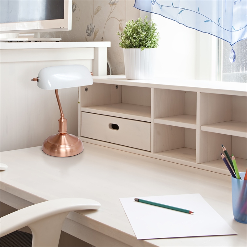 Simple Designs Metal Executive Banke's Desk Lamp in Rose Gold with White Shade