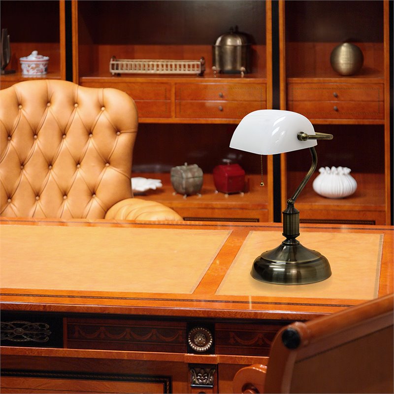 Simple Designs Metal Executive Banker's Desk Lamp in Nickel with White Shade