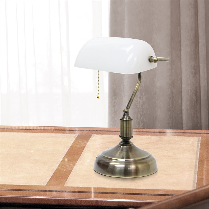 Simple Designs Metal Executive Banker's Desk Lamp in Nickel with White Shade