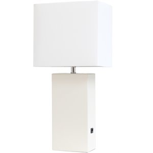 elegant designs leather table lamp w/ usb port in white with white shade