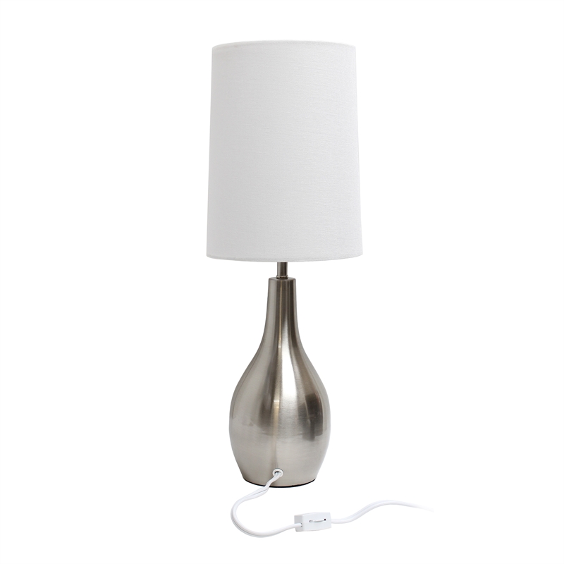 Simple Designs Metal 1 Light Tear Drop Table Lamp in Nickel with White Shade