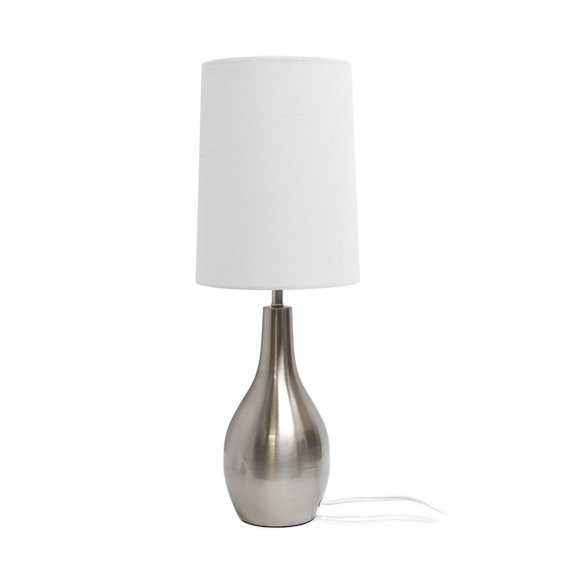 Simple Designs Metal 1 Light Tear Drop Table Lamp in Nickel with White Shade