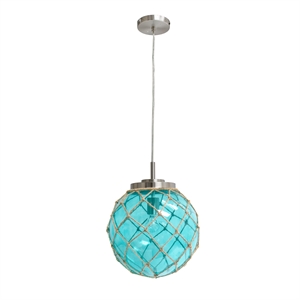 Elegant Designs Glass Natural Rope Buoy Netted Pendant in Aqua Blue