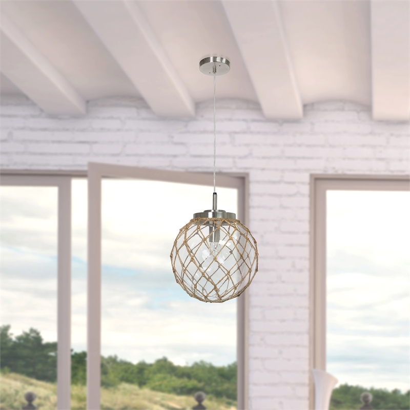 Elegant Designs Glass Natural Rope Buoy Netted Pendant in Clear