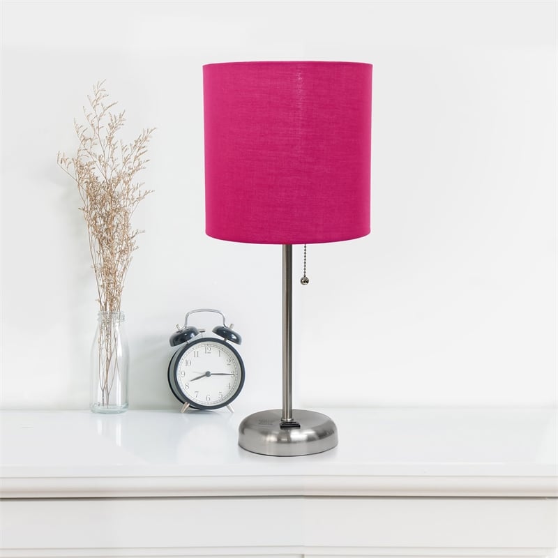 LimeLights Silver Metal Stick Lamp w/ Power Outlet with Pink Shade