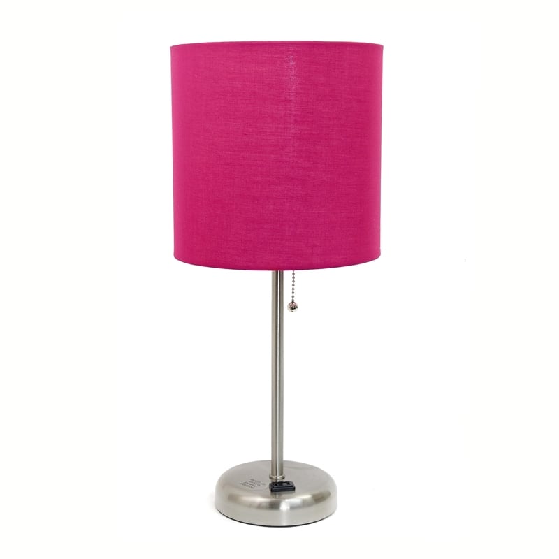 LimeLights Silver Metal Stick Lamp w/ Power Outlet with Pink Shade