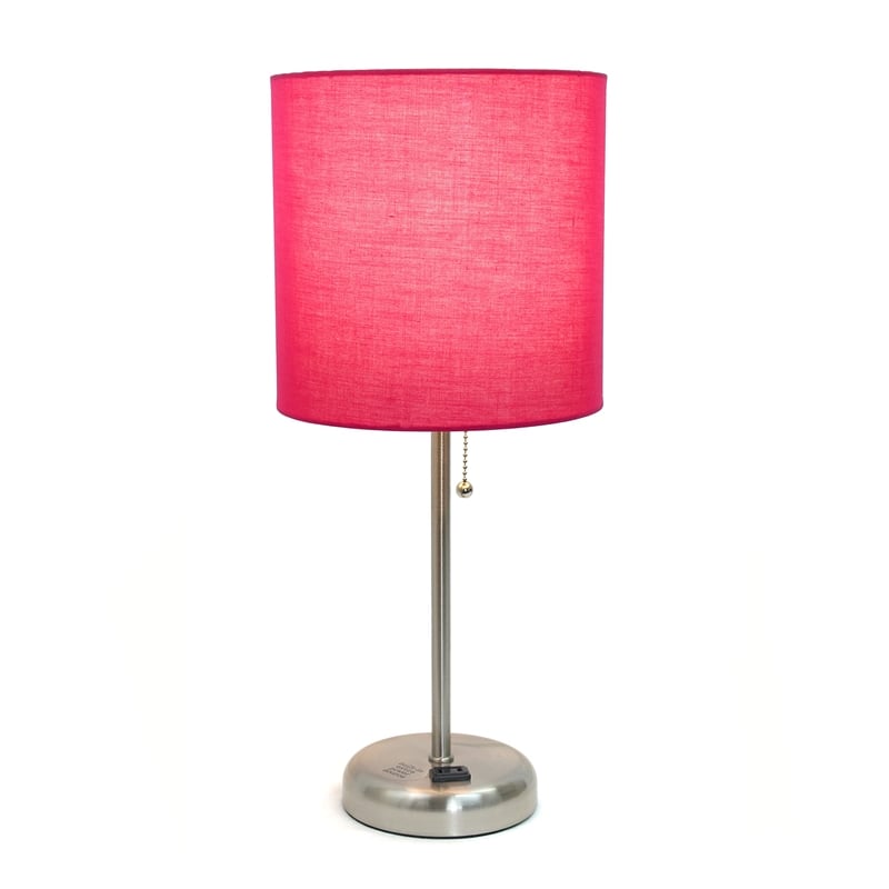 LimeLights Silver Metal Stick Lamp w/ Power Outlet with Pink Shade