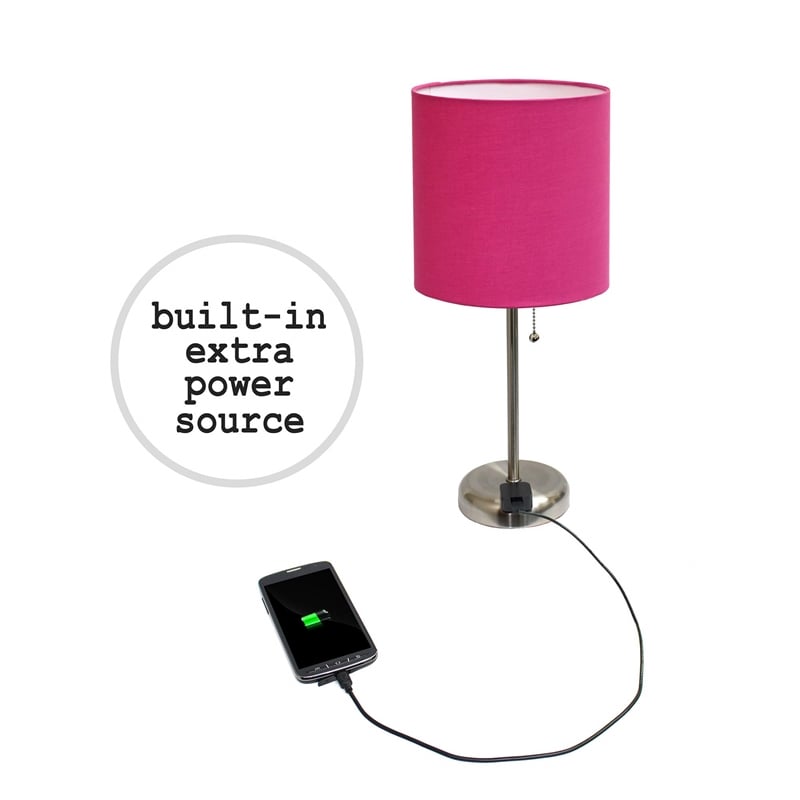 LimeLights Silver Metal Stick Lamp w/ Power Outlet with Pink Shade