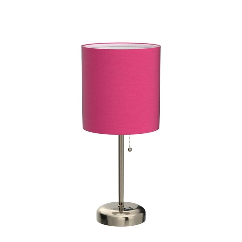 LimeLights Silver Metal Stick Lamp w/ Power Outlet with Pink Shade