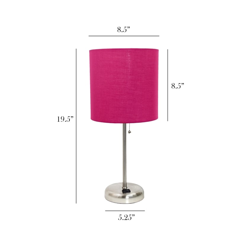 LimeLights Silver Metal Stick Lamp w/ Power Outlet with Pink Shade
