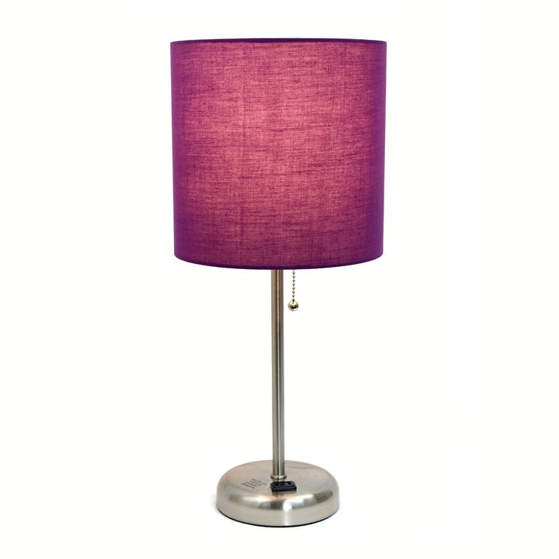 LimeLights Silver Metal Stick Lamp w/ Power Outlet with Purple Shade