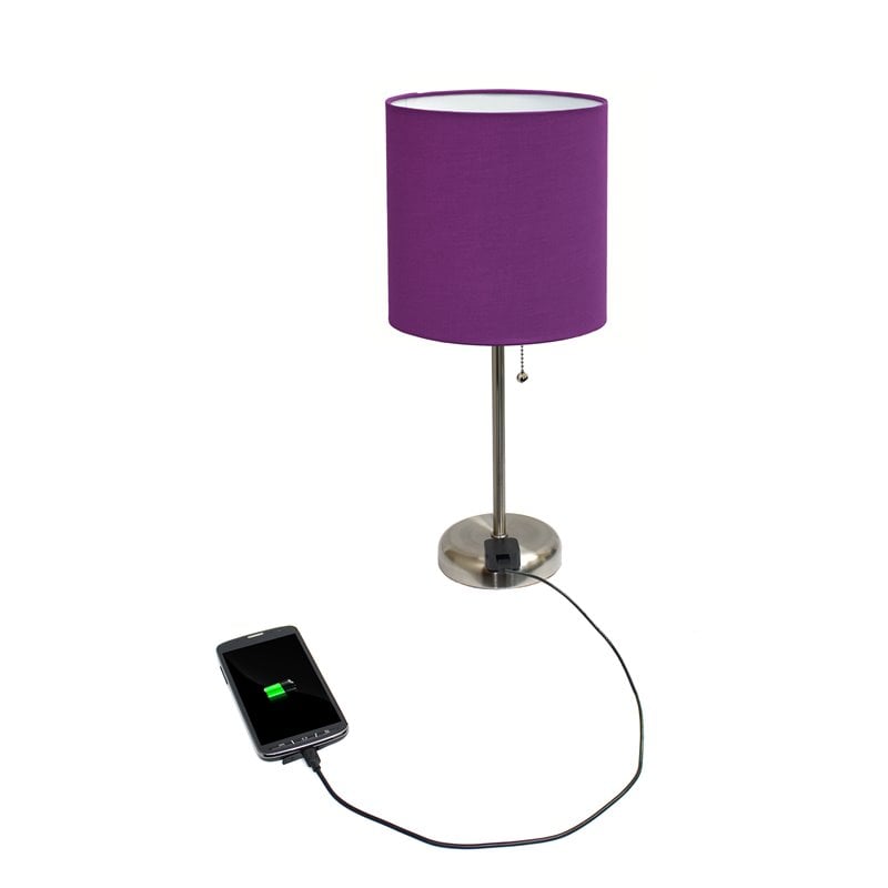 LimeLights Silver Metal Stick Lamp w/ Power Outlet with Purple Shade