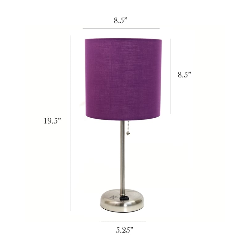 LimeLights Silver Metal Stick Lamp w/ Power Outlet with Purple Shade
