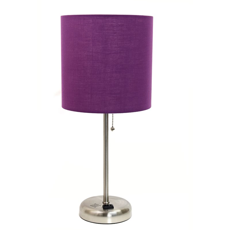 LimeLights Silver Metal Stick Lamp w/ Power Outlet with Purple Shade