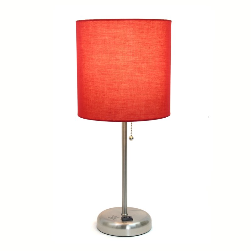 LimeLights Silver Metal Stick Lamp w/ Power Outlet with Red Shade