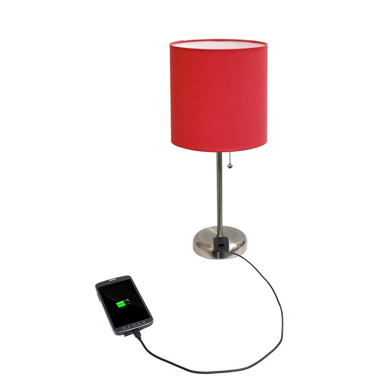 LimeLights Silver Metal Stick Lamp w/ Power Outlet with Red Shade