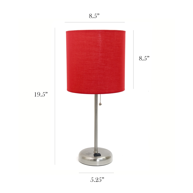 LimeLights Silver Metal Stick Lamp w/ Power Outlet with Red Shade