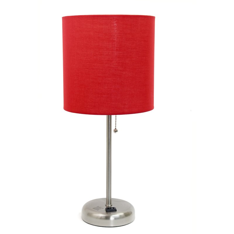 LimeLights Silver Metal Stick Lamp w/ Power Outlet with Red Shade