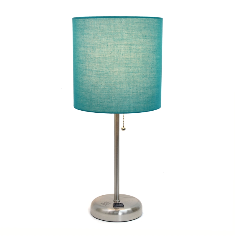 LimeLights Silver Metal Stick Lamp w/ Power Outlet with Teal Shade