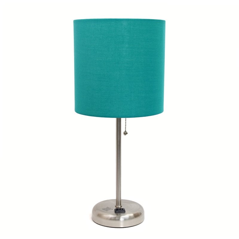 LimeLights Silver Metal Stick Lamp w/ Power Outlet with Teal Shade