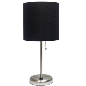 limelights silver metal stick lamp w/ usb port with black shade