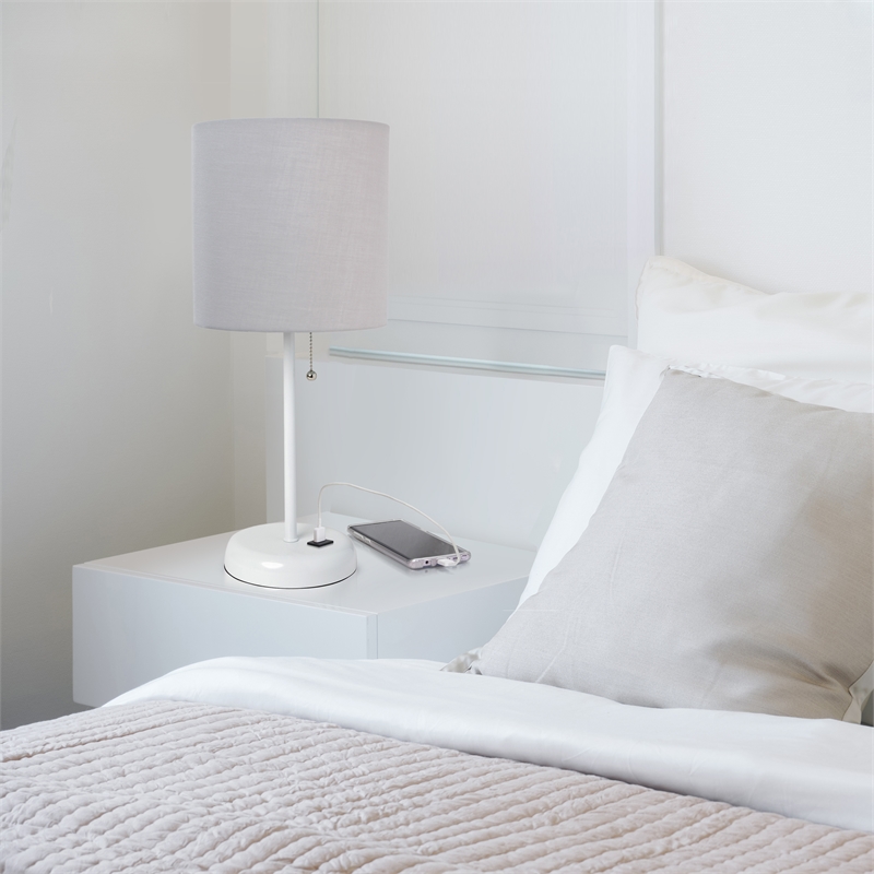 LimeLights Metal Stick Lamp w/ USB Port in White with Gray Shade