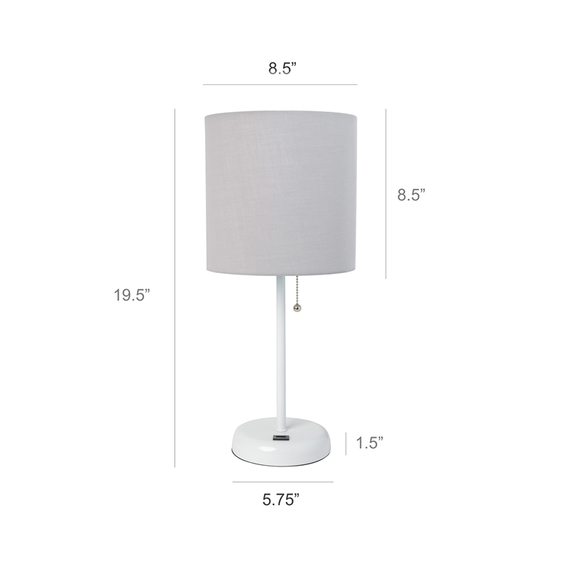 LimeLights Metal Stick Lamp w/ USB Port in White with Gray Shade