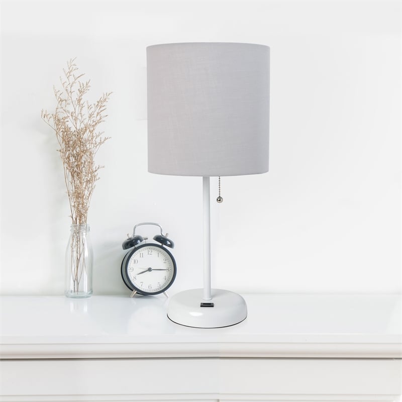 LimeLights Metal Stick Lamp w/ USB Port in White with Gray Shade