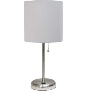 limelights silver metal stick lamp w/ usb port with gray shade