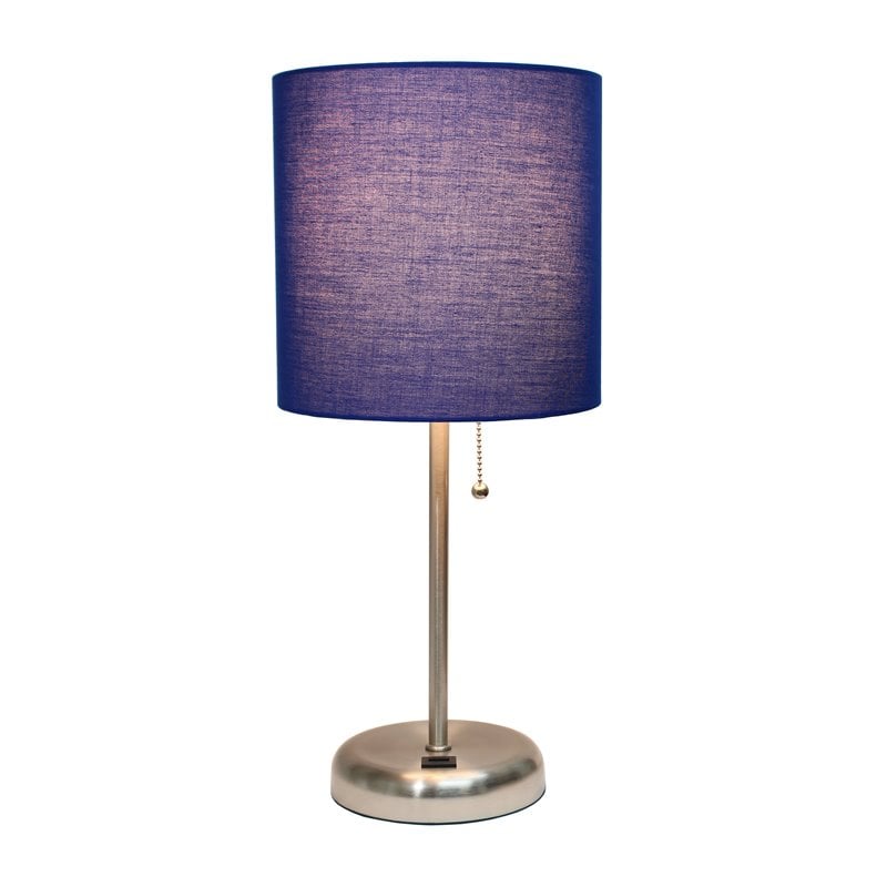LimeLights Silver Metal Stick Lamp w/ USB Port with Navy Shade
