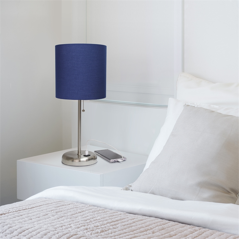 LimeLights Silver Metal Stick Lamp w/ USB Port with Navy Shade