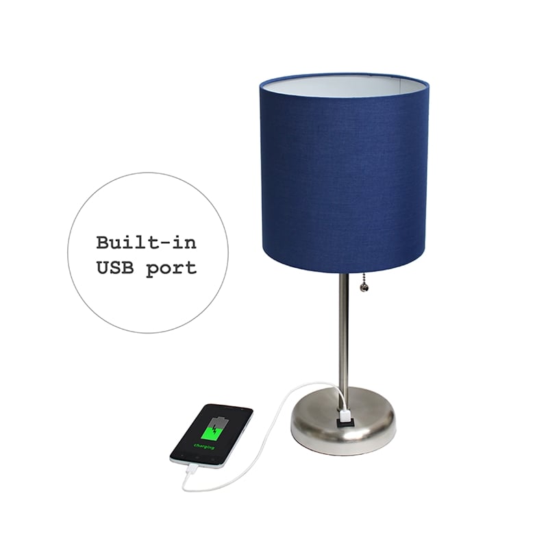 LimeLights Silver Metal Stick Lamp w/ USB Port with Navy Shade