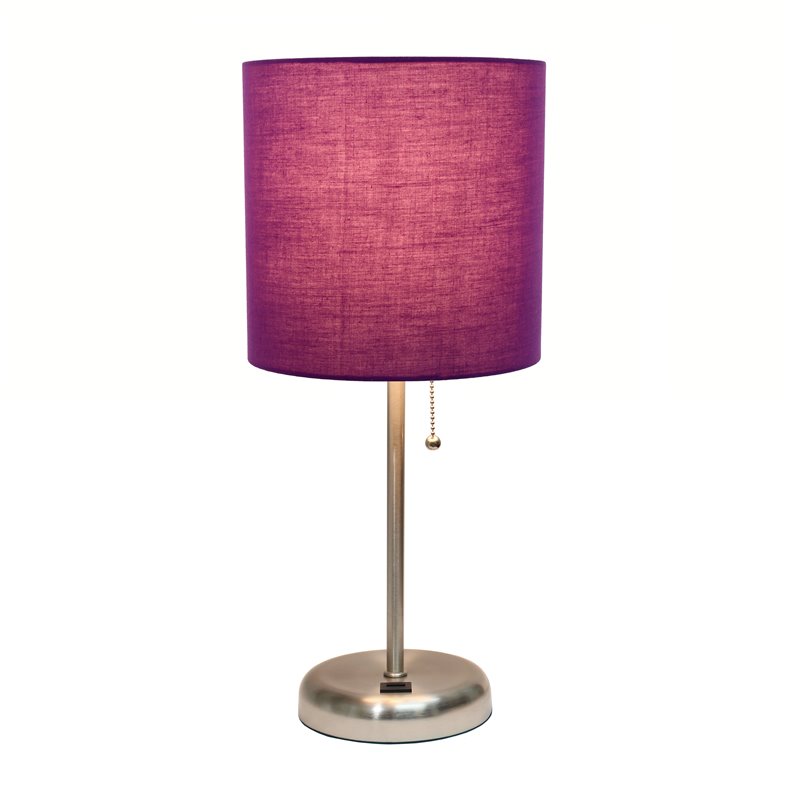 LimeLights Silver Metal Stick Lamp w/ USB Port with Purple Shade