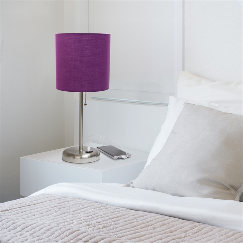LimeLights Silver Metal Stick Lamp w/ USB Port with Purple Shade