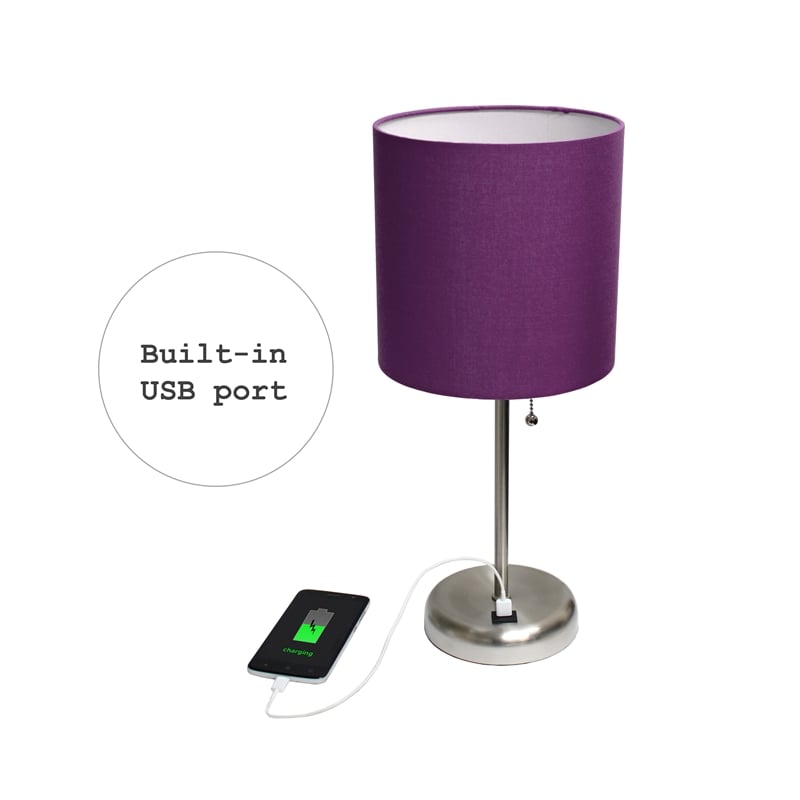 LimeLights Silver Metal Stick Lamp w/ USB Port with Purple Shade