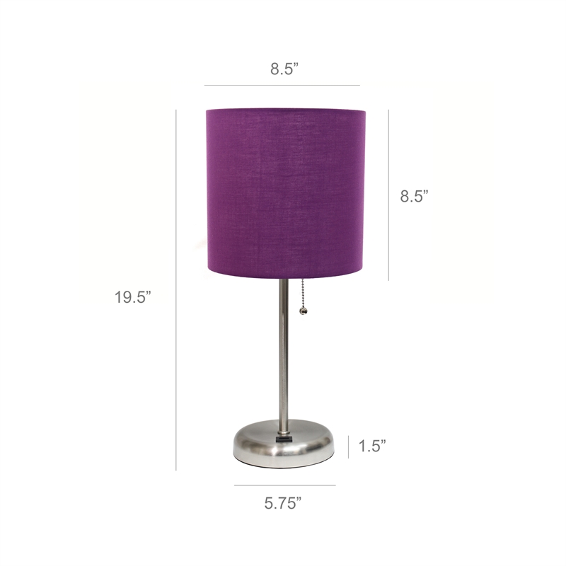 LimeLights Silver Metal Stick Lamp w/ USB Port with Purple Shade