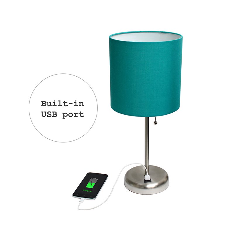LimeLights Silver Metal Stick Lamp w/ USB Port with Teal Shade
