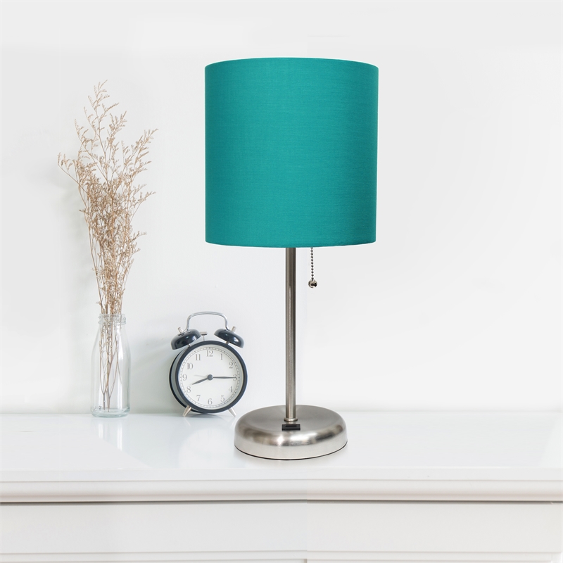 LimeLights Silver Metal Stick Lamp w/ USB Port with Teal Shade