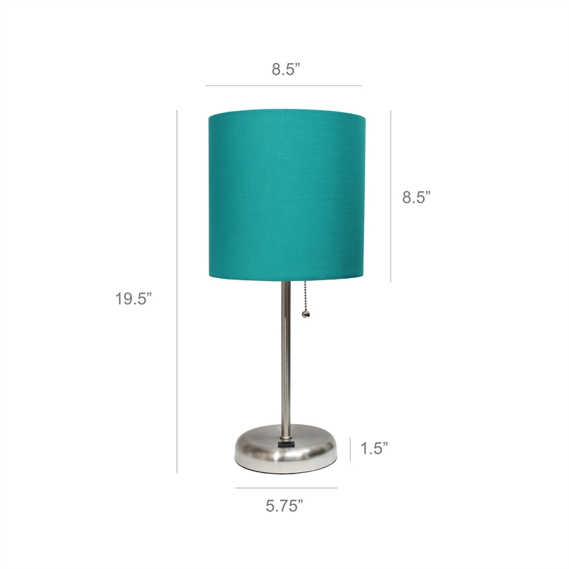 LimeLights Silver Metal Stick Lamp w/ USB Port with Teal Shade