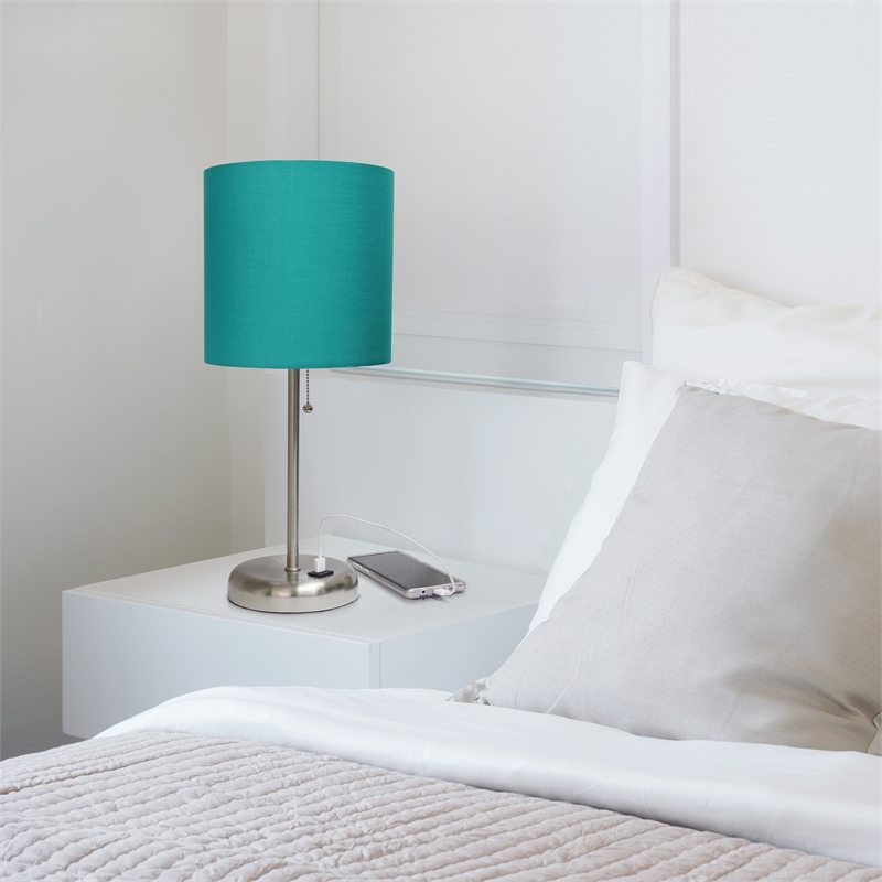 LimeLights Silver Metal Stick Lamp w/ USB Port with Teal Shade