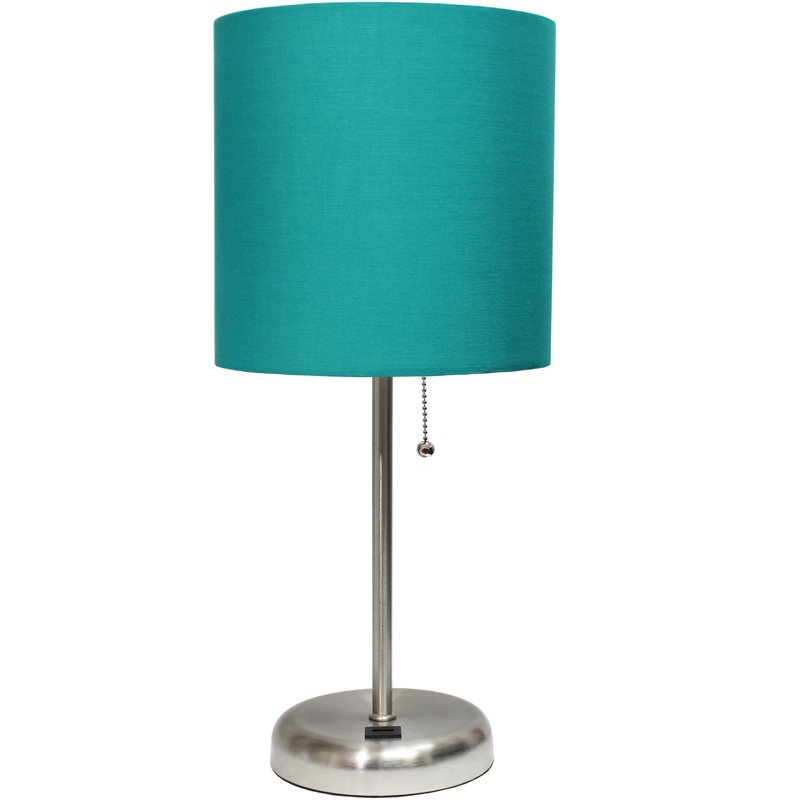 LimeLights Silver Metal Stick Lamp w/ USB Port with Teal Shade