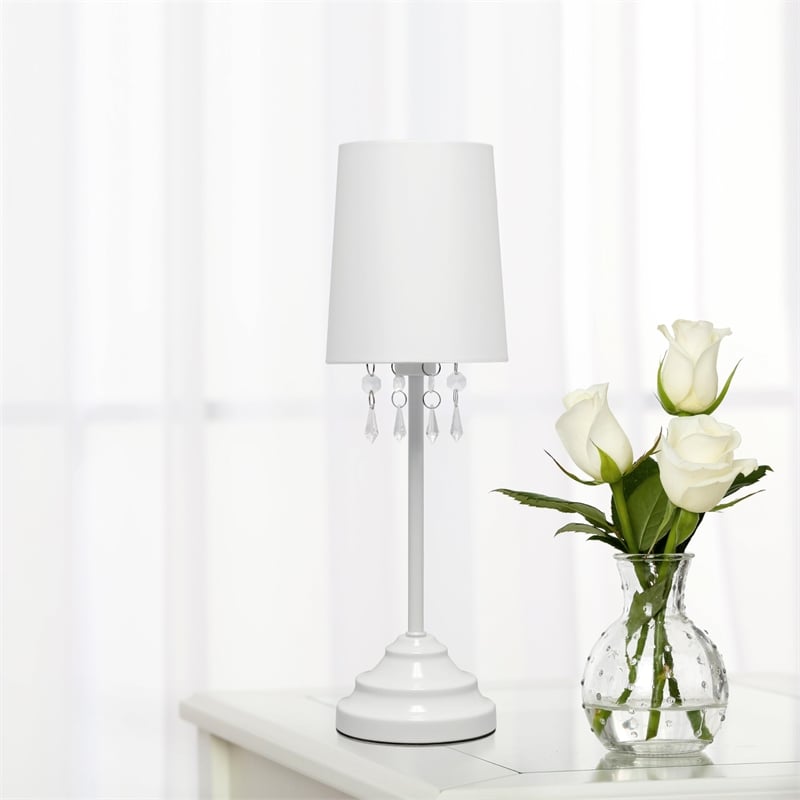 Simple Designs Metal Table Lamp w Hanging Beads in White with White Shade