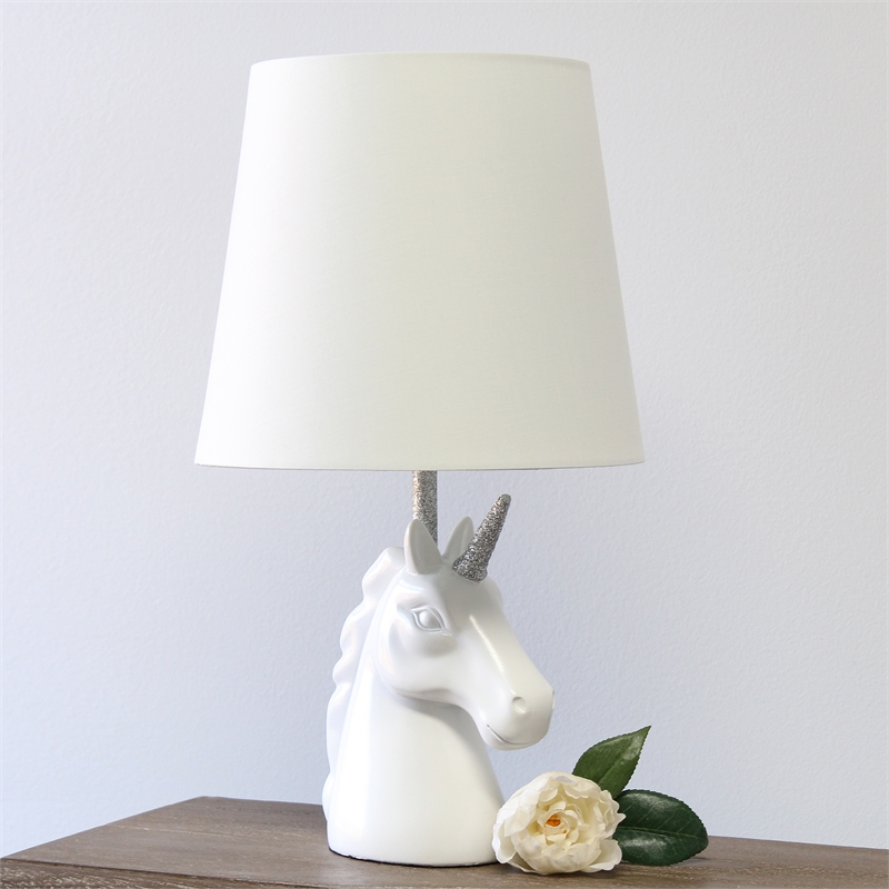 Simple Designs Resin Sparkling Silver Unicorn Table Lamp with White Shade