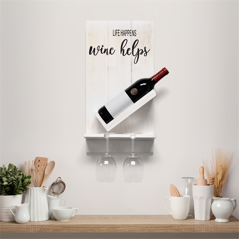 Elegant Designs Lucca Wall Mounted Wooden Wine Bottle Shelf White Wash