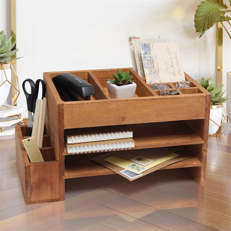Elegant Designs Home Office Desk Organizer with Storage Cubbies Natural Wood
