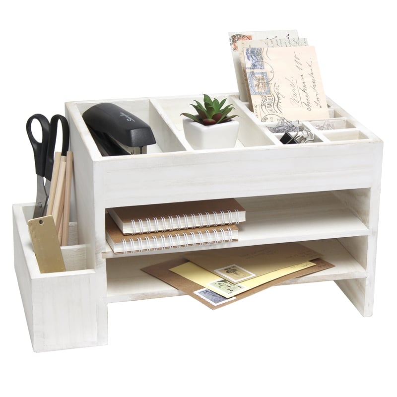 Elegant Designs Home Office Desk Organizer with Storage Cubbies White Wash