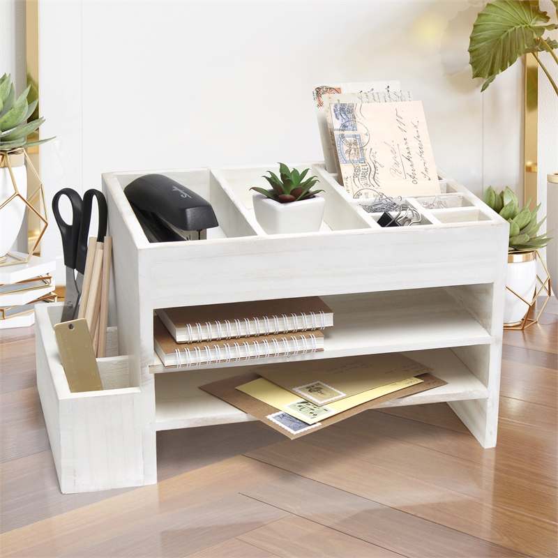 Elegant Designs Home Office Desk Organizer with Storage Cubbies White Wash