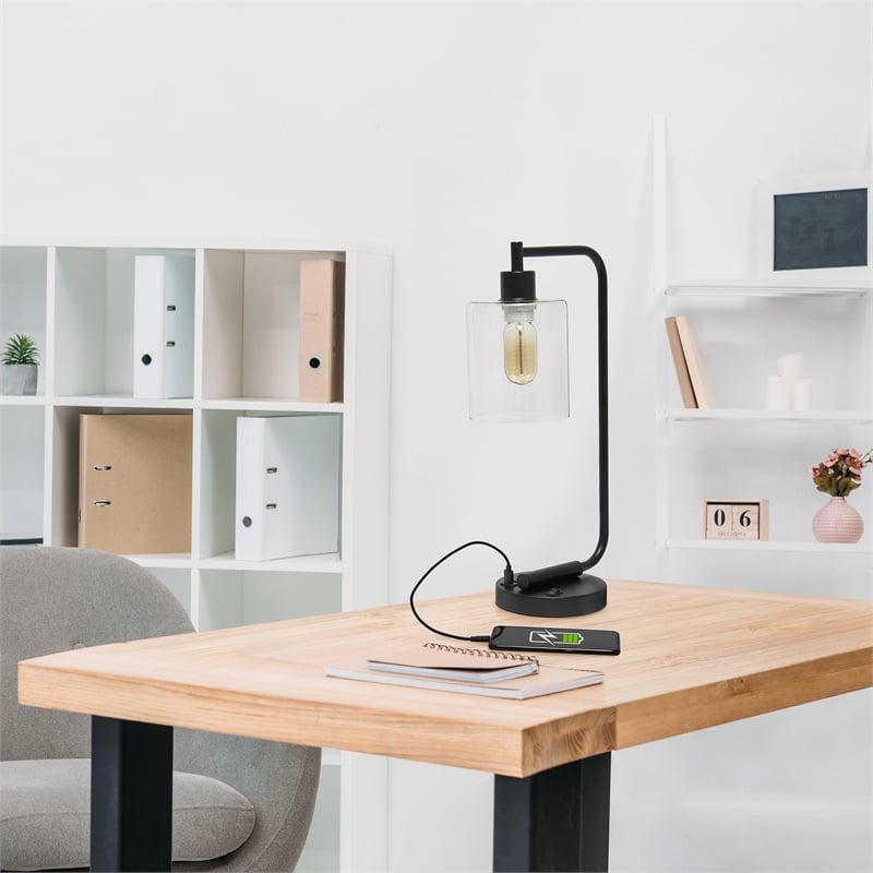 Lalia Home Modern Iron Desk Lamp with USB Port and Glass Shade Black