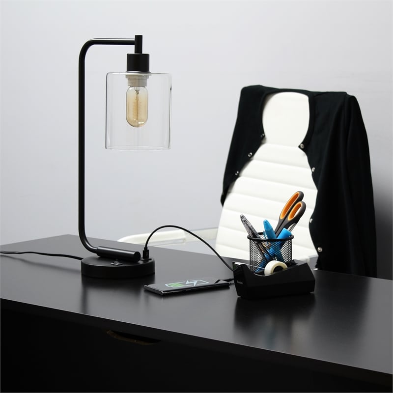 Lalia Home Modern Iron Desk Lamp with USB Port and Glass Shade Black