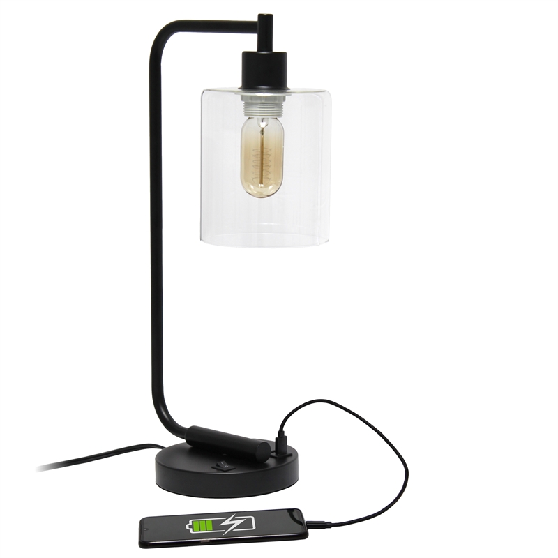 Lalia Home Modern Iron Desk Lamp with USB Port and Glass Shade Black
